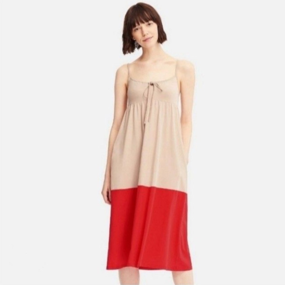 Colorblock Midi Dress - Beige and Red Uniqlo NWT Built In Bra